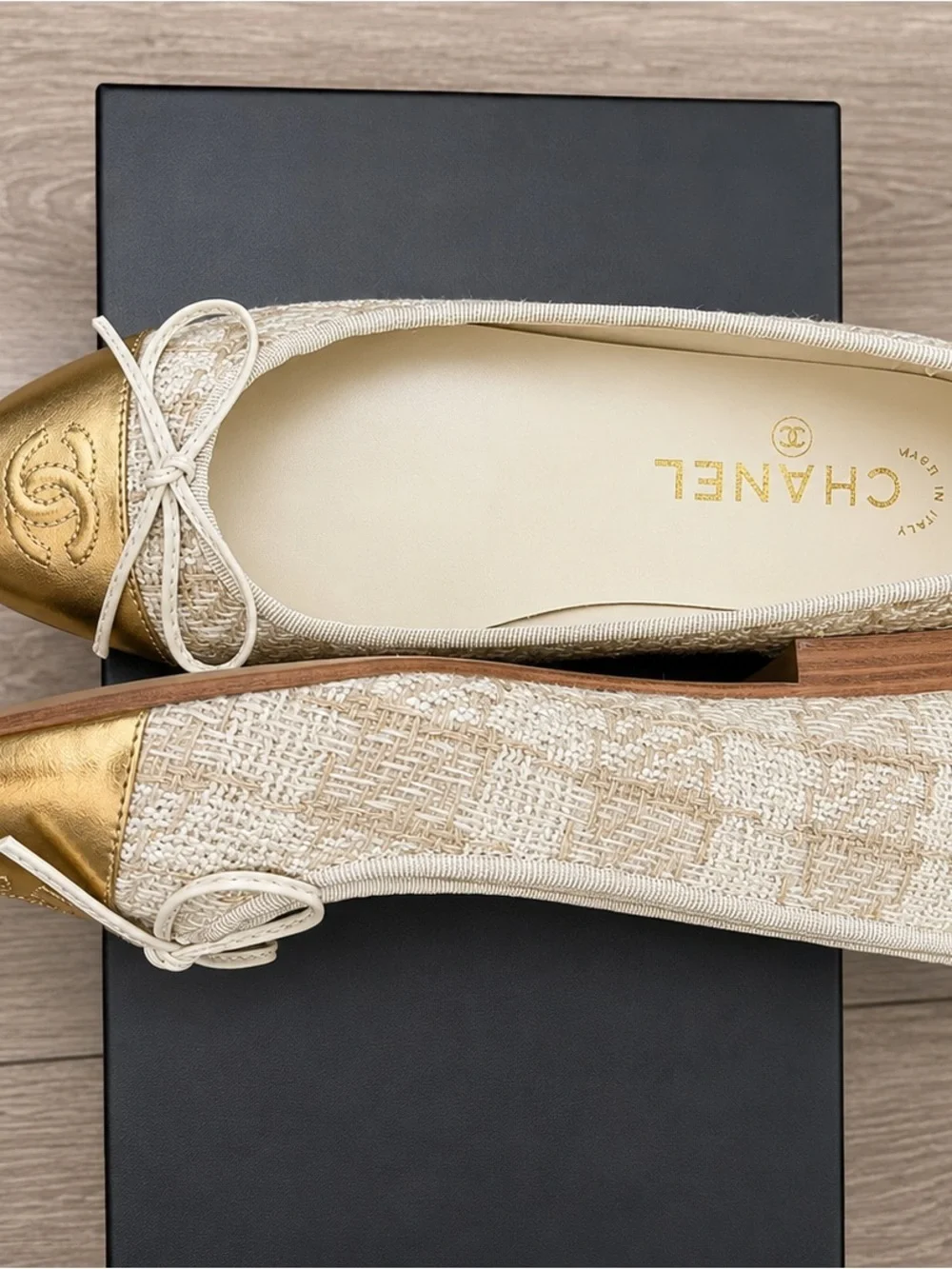CHANEL Ivory Woven Ballet Flats with Gold Cap Toe